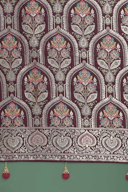 Samyukta Singhania Maroon Silk Embroidery, Zari Round Neck Woven Banarasi Saree Set Online at Aza Fashions Samyukta Singhania_Maroon Silk Embroidery, Zari Round Neck Woven Banarasi Saree Set _Online_at_Aza_Fashions