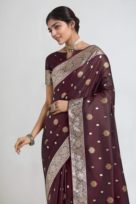 Shop Samyukta Singhania Maroon Silk Embroidery, Zari Round Neck Woven Banarasi Saree Set Online at Aza Fashions Shop_Samyukta Singhania_Maroon Silk Embroidery, Zari Round Neck Woven Banarasi Saree Set _Online_at_Aza_Fashions
