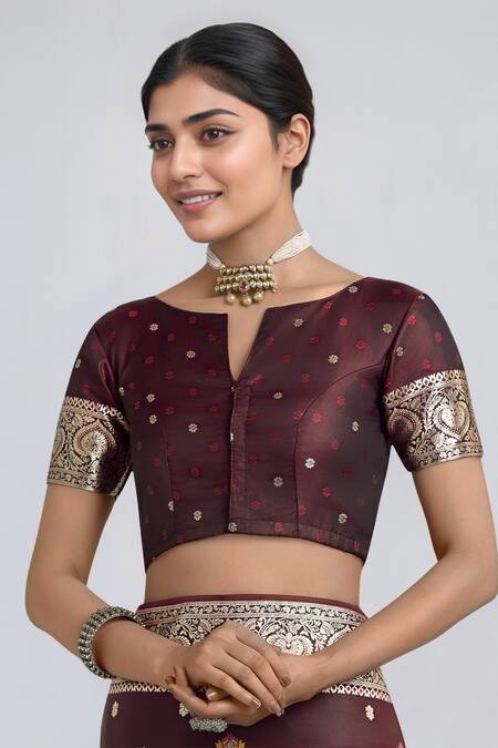 Shop Samyukta Singhania Maroon Silk Embroidery, Zari Round Neck Woven Banarasi Saree Set Shop_Samyukta Singhania_Maroon Silk Embroidery, Zari Round Neck Woven Banarasi Saree Set