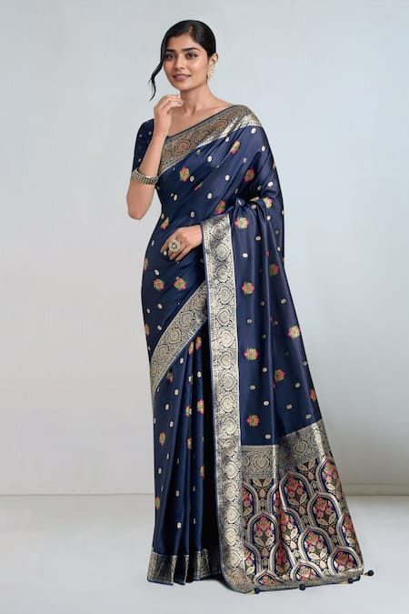 Samyukta Singhania Blue Embroidery, Zari Round Neck Dark Woven Banarasi Saree With Blouse