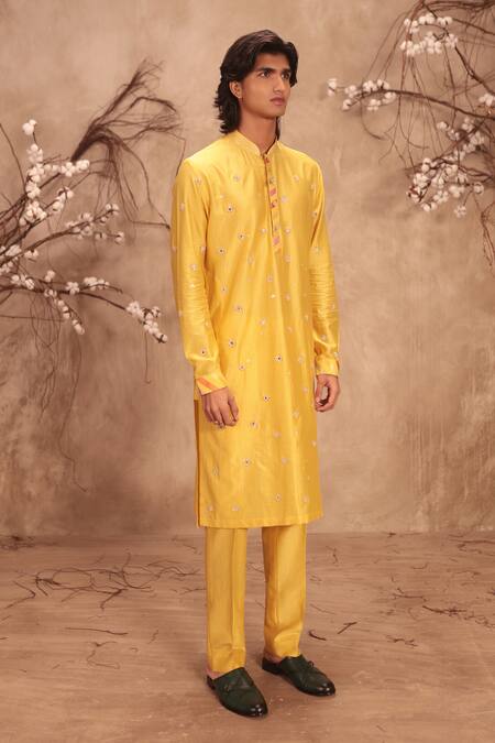 Label Niti Bothra_Yellow Silk, Zari, Nazakat Applique Placket Work Kurta Set _Online_at_Aza_Fashions
