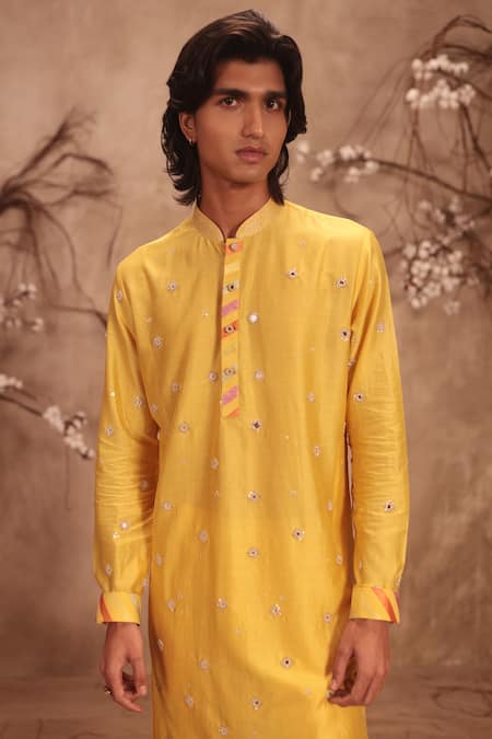 Buy_Label Niti Bothra_Yellow Silk, Zari, Nazakat Applique Placket Work Kurta Set _Online_at_Aza_Fashions