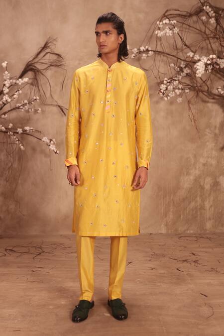 Shop_Label Niti Bothra_Yellow Silk, Zari, Nazakat Applique Placket Work Kurta Set _Online_at_Aza_Fashions