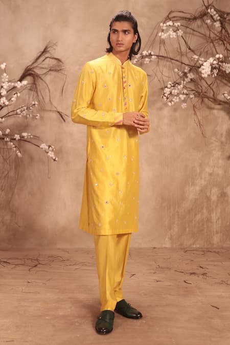 Label Niti Bothra_Yellow Silk, Zari, Nazakat Applique Placket Work Kurta Set _at_Aza_Fashions