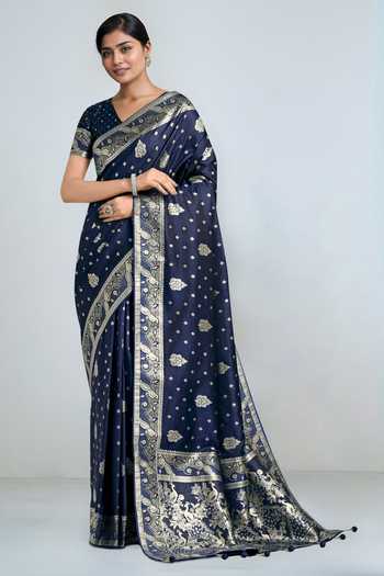 Khwaab By Sanjana Lakhani Dark Blue Zari Woven Banarasi Saree With Blouse 
