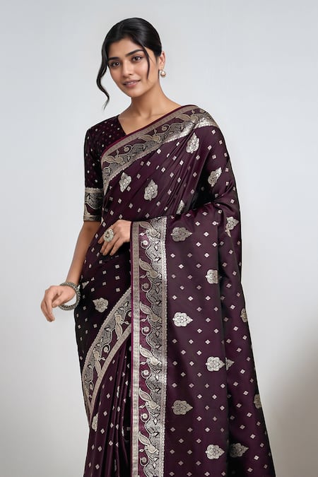 Shop_Samyukta Singhania_Wine Zari V-neck Banarasi Satin Silk Saree With Blouse 