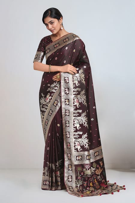 Samyukta Singhania Wine Pom-poms, Embroidery, Zari V-neck Banarasi Satin Silk Saree With Blouse 