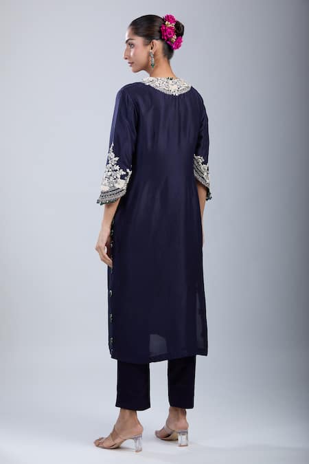 Prisho_Navy Chiffon Embroidery Round Neck Kurta Set _Online_at_Aza_Fashions