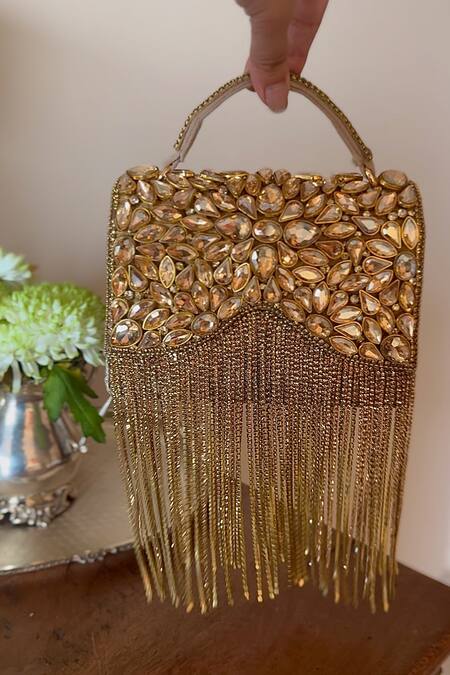 Bhavna Kumar Gold Crystals, Tassels Embellished Boho Clutch