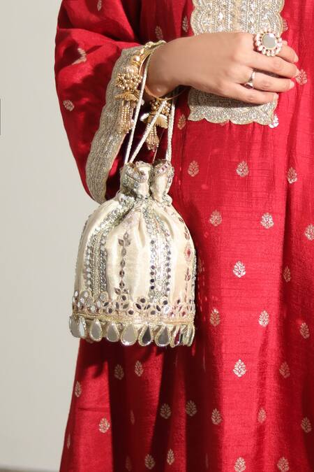 Buy_Bhavna Kumar_Gold Mirrors, Embroidery Embellished Potli_at_Aza_Fashions