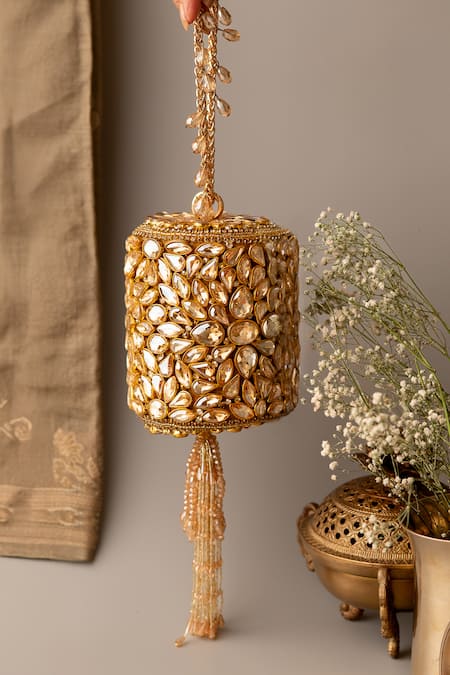 Bhavna Kumar Gold Embroidery Kundan Embellished Half Round Clutch 