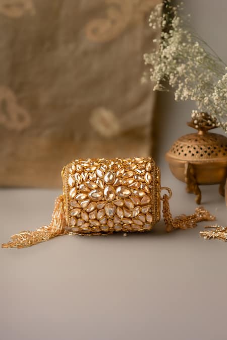 Bhavna Kumar Gold Embroidery Kundan Embellished Half Round Clutch Online at Aza Fashions Bhavna Kumar_Gold Embroidery Kundan Embellished Half Round Clutch _Online_at_Aza_Fashions