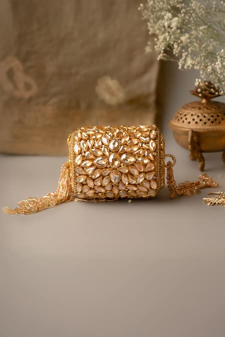 Buy Bhavna Kumar Gold Embroidery Kundan Embellished Half Round Clutch Online at Aza Fashions Buy_Bhavna Kumar_Gold Embroidery Kundan Embellished Half Round Clutch _Online_at_Aza_Fashions