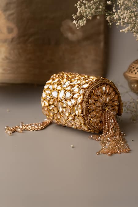 Shop Bhavna Kumar Gold Embroidery Kundan Embellished Half Round Clutch Online at Aza Fashions Shop_Bhavna Kumar_Gold Embroidery Kundan Embellished Half Round Clutch _Online_at_Aza_Fashions