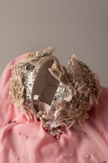 Bhavna Kumar_Gold Cut Work, Pearls, Stones 3d Lily Bloom Embellished Clutch _Online_at_Aza_Fashions