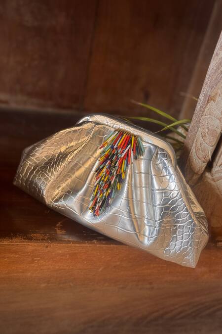 Bhavna Kumar Silver Tassels Textured Puff Bag