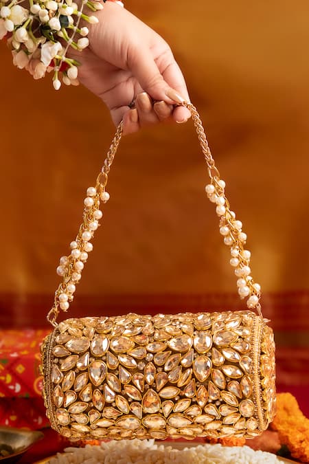 Bhavna Kumar Gold Crystals Round Kundan Clutch 