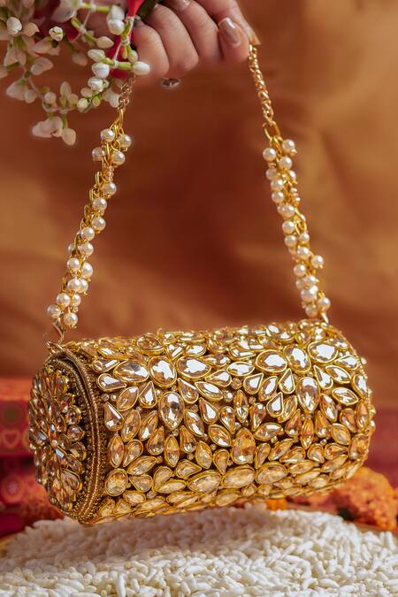Bhavna Kumar_Gold Crystals Round Kundan Clutch _Online_at_Aza_Fashions