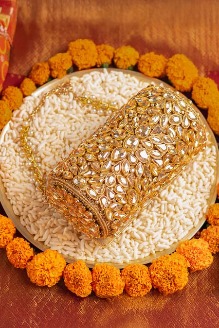 Buy_Bhavna Kumar_Gold Crystals Round Kundan Clutch _Online_at_Aza_Fashions