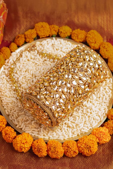 Shop_Bhavna Kumar_Gold Crystals Round Kundan Clutch _Online_at_Aza_Fashions