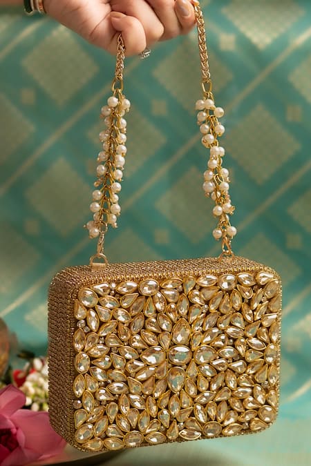 Bhavna Kumar Gold Embroidery Kundan Box Clutch 