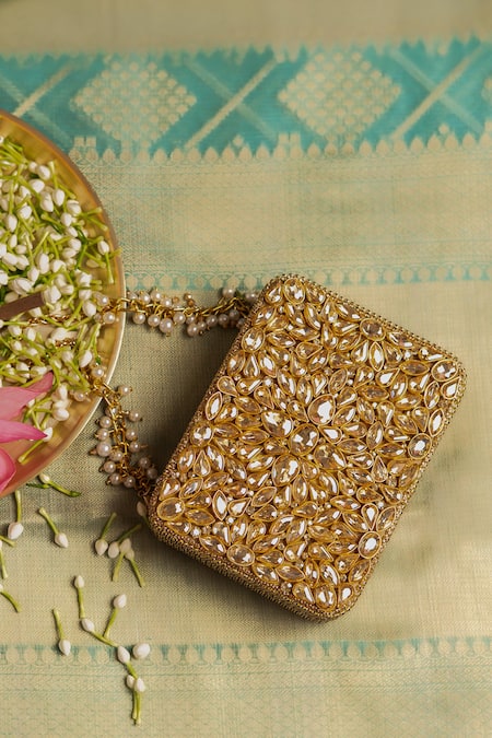 Bhavna Kumar_Gold Embroidery Kundan Box Clutch _Online_at_Aza_Fashions