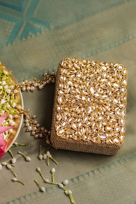 Buy_Bhavna Kumar_Gold Embroidery Kundan Box Clutch _Online_at_Aza_Fashions