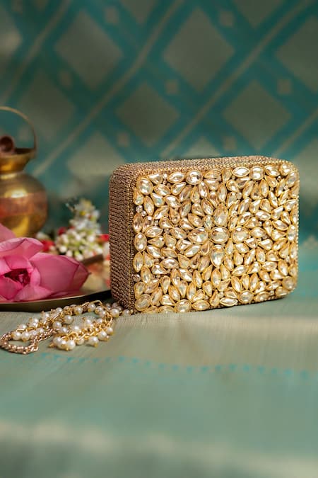 Shop_Bhavna Kumar_Gold Embroidery Kundan Box Clutch _Online_at_Aza_Fashions