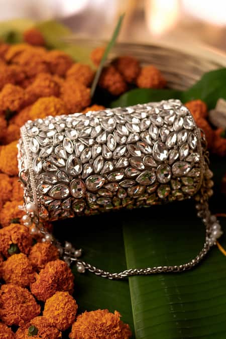 Buy_Bhavna Kumar_Silver Crystals, Diamonds Round Kundan Embellished Clutch _Online_at_Aza_Fashions
