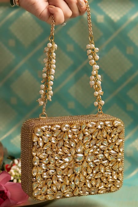 Bhavna Kumar_Gold Embroidery Kundan Box Clutch _at_Aza_Fashions