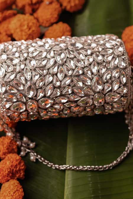 Shop_Bhavna Kumar_Silver Crystals, Diamonds Round Kundan Embellished Clutch _Online_at_Aza_Fashions