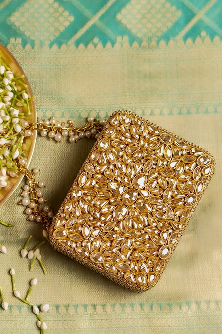Buy_Bhavna Kumar_Gold Embroidery Kundan Box Clutch 