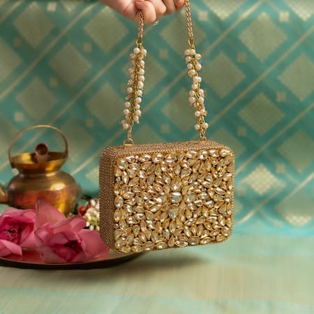 Shop_Bhavna Kumar_Gold Embroidery Kundan Box Clutch 