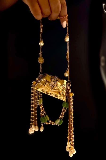 Buy Bhavna Kumar Gold Pearls Tassel Micro Bag Buy_Bhavna Kumar_Gold Pearls Tassel Micro Bag