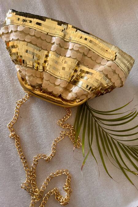 Bhavna Kumar Beige Sequins Gold Crescent Moon Clutch Online at Aza Fashions Bhavna Kumar_Beige Sequins Gold Crescent Moon Clutch_Online_at_Aza_Fashions
