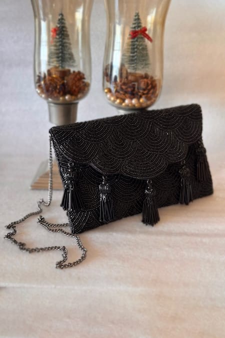 Bhavna Kumar Black Beads, Tassels Embroidered Scalloped Clutch 