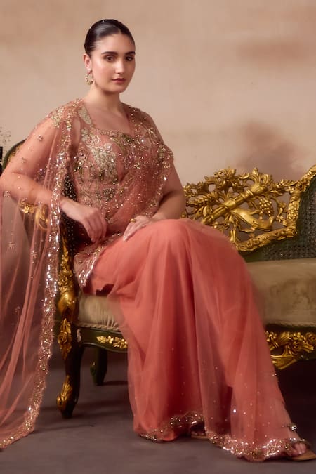 Shop_Falsa_Peach Silk, Tulle, Tissue Sequins, Beads, Pre-draped Saree And Corset Blouse 