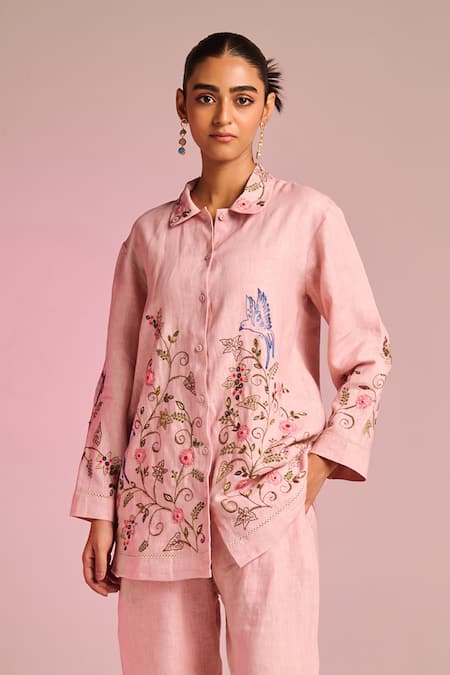 Kalista Pink Cotton, Linen Embroidery Collared Lyra Shirt