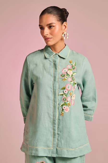 Kalista Green Cotton, Linen Embroidery Collared Esha Shirt