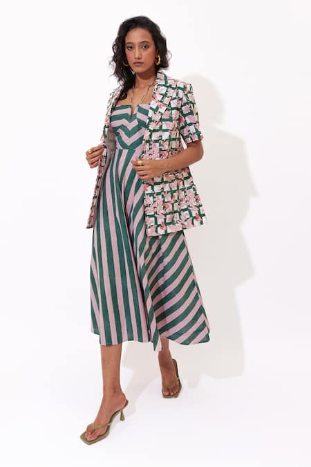 Aapro_Green Cotton Open Neck Junia Multi Colour Fit And Flare Dress And Jacket Set _Online_at_Aza_Fashions