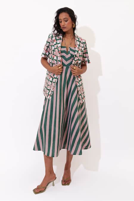 Buy_Aapro_Green Cotton Open Neck Junia Multi Colour Fit And Flare Dress And Jacket Set _Online_at_Aza_Fashions