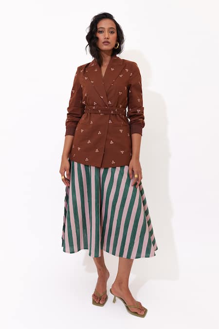 Buy_Aapro_Brown Cotton V-neck Wisteria Hand Block Printed Dress And Blazer Set _Online_at_Aza_Fashions