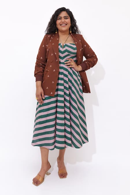 Shop_Aapro_Brown Cotton V-neck Wisteria Hand Block Printed Dress And Blazer Set _Online_at_Aza_Fashions