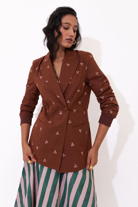 Aapro_Brown Cotton V-neck Wisteria Hand Block Printed Dress And Blazer Set _at_Aza_Fashions