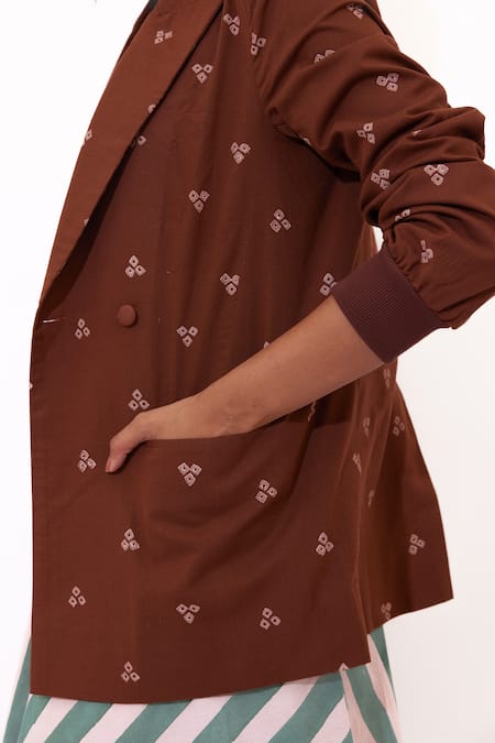 Buy_Aapro_Brown Cotton V-neck Wisteria Hand Block Printed Dress And Blazer Set 