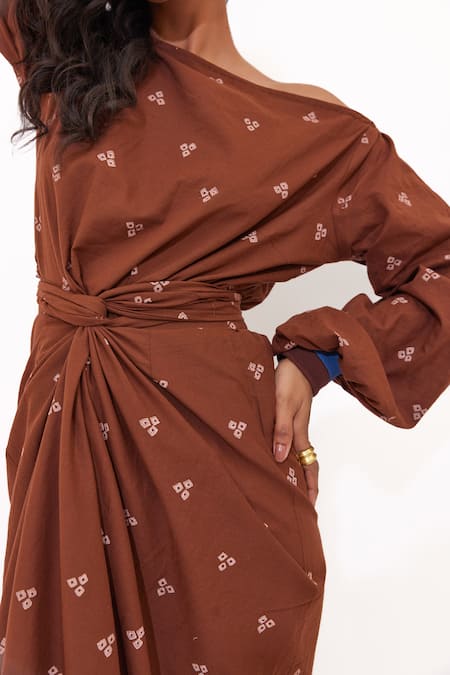 Aapro_Brown Cotton One Shoulder Delia Wrap Dress _Online_at_Aza_Fashions