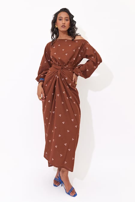 Aapro Brown Cotton One Shoulder Delia Wrap Dress