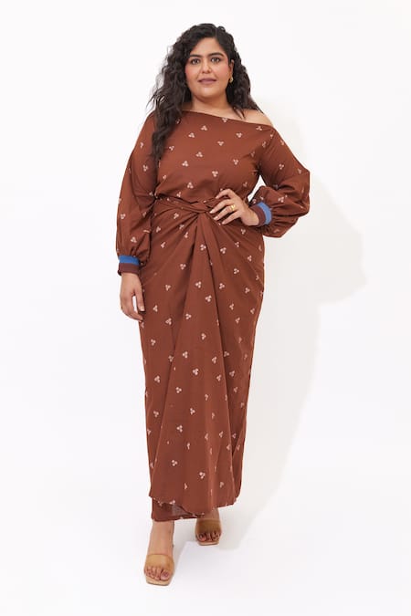 Buy_Aapro_Brown Cotton One Shoulder Delia Wrap Dress _Online_at_Aza_Fashions
