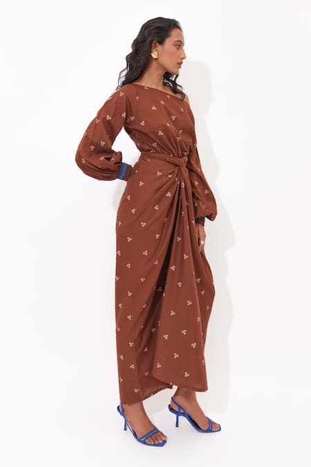 Shop_Aapro_Brown Cotton One Shoulder Delia Wrap Dress _Online_at_Aza_Fashions