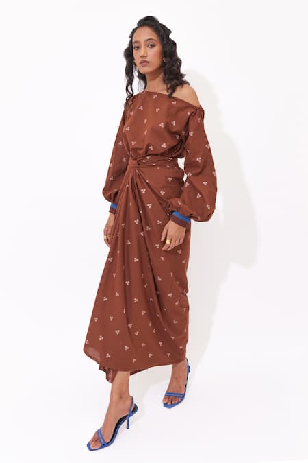 Aapro_Brown Cotton One Shoulder Delia Wrap Dress _at_Aza_Fashions